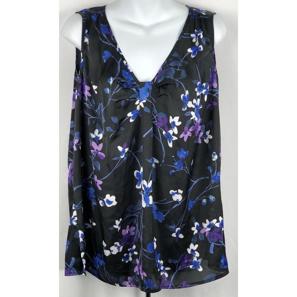 Vintage Silky Tank Top L Blk Floral Ruched V-Neck Sleeveless Summer Fairy Y2K